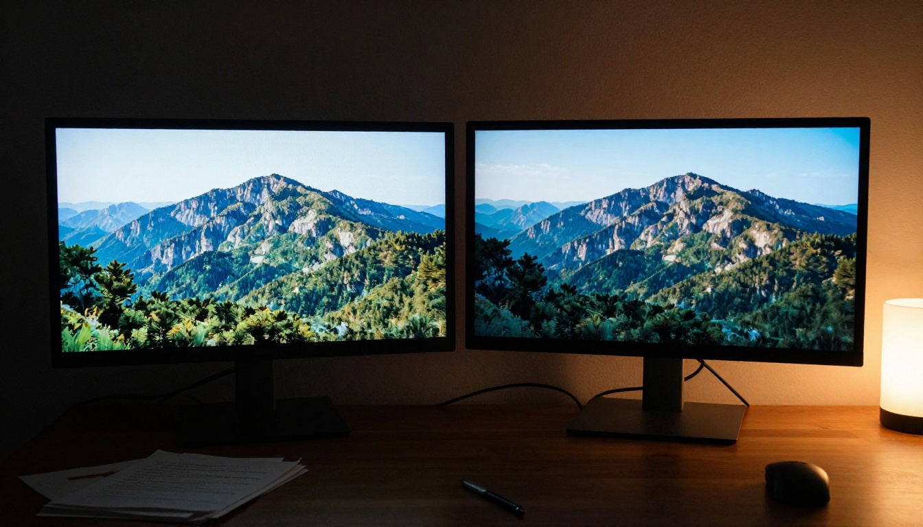Two monitors side by side showing low resolution vs. 4K upscaled video comparison
