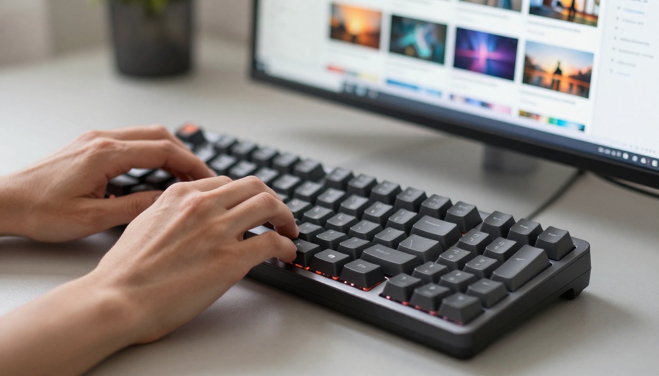 Close-up of hands typing on a mechanical keyboard, AI image generation interfaces visible in background