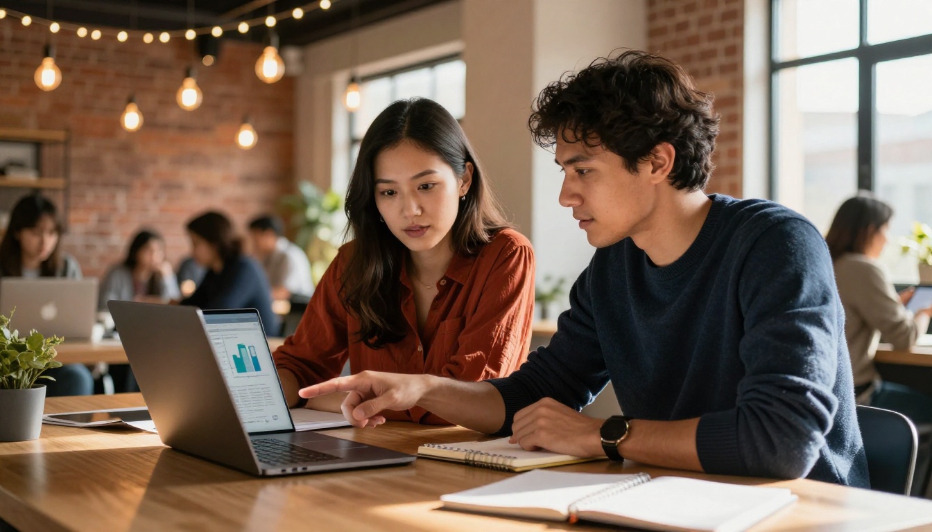 Two professionals collaborating at shared desk in modern co-working space