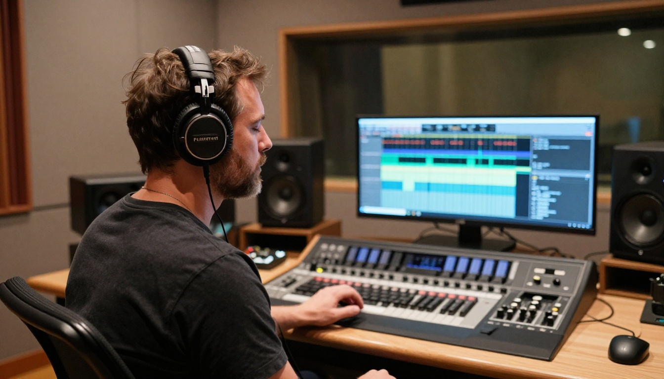 Musician with headphones absorbed in listening in recording studio control room