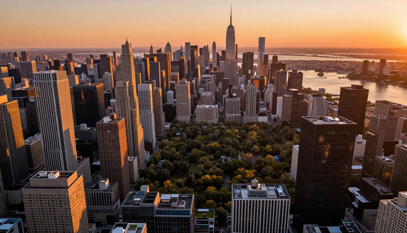Aerial view of a modern city at golden hour, dramatic long shadows between glass towers