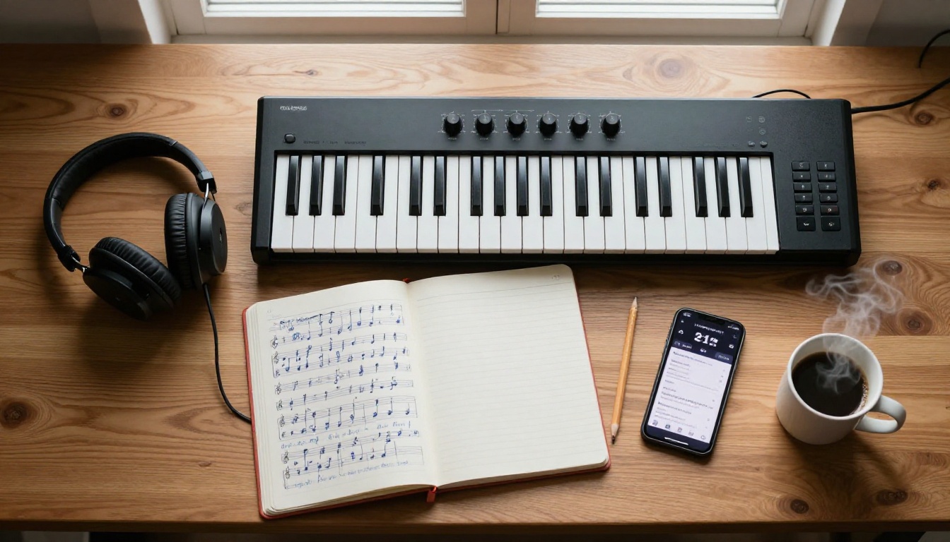 Aerial overhead flat-lay of music production workstation with MIDI keyboard, lyrics notebook and headphones