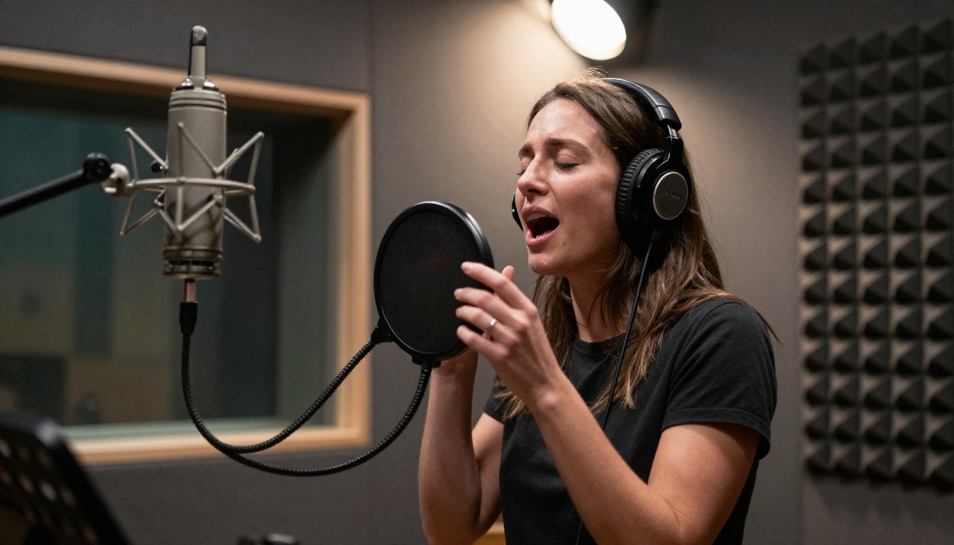 Female vocalist performing in a recording booth with dramatic Rembrandt lighting