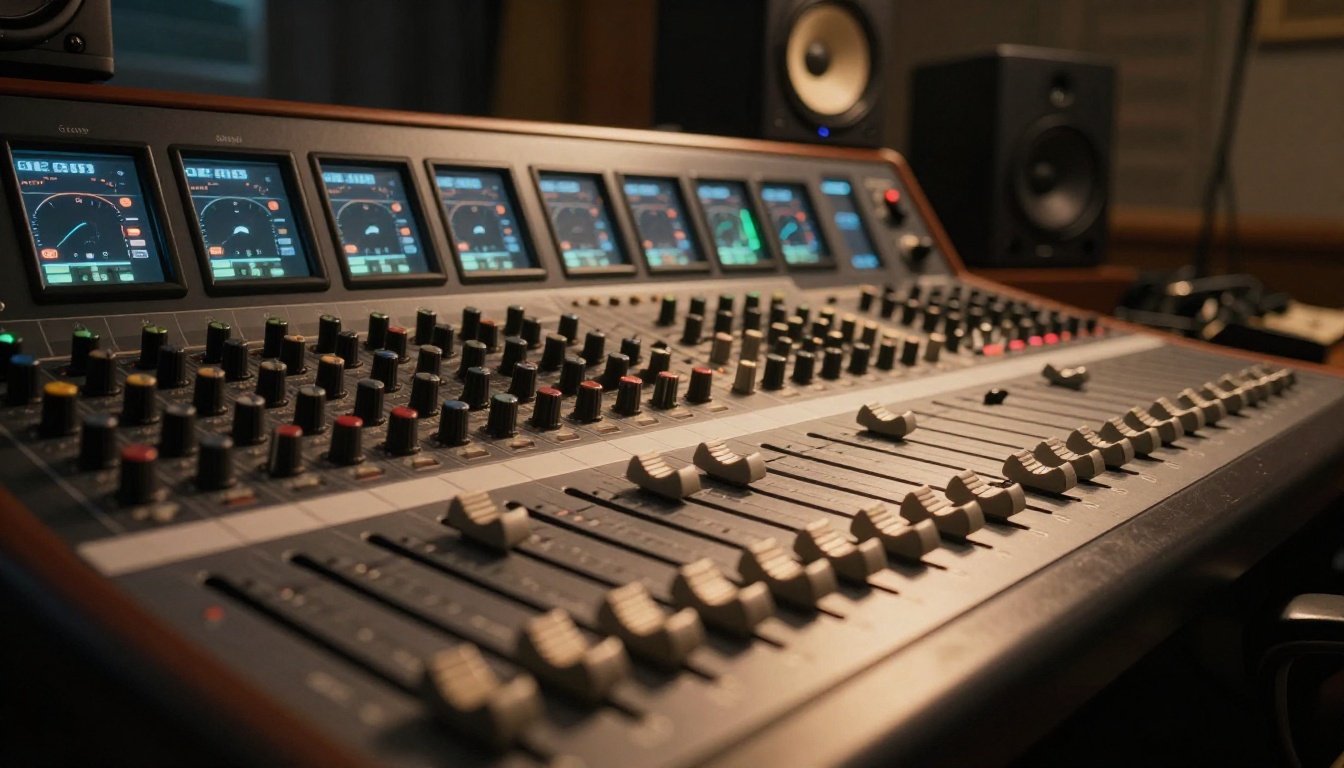 Low-angle close-up of a professional audio mixing board with faders and knobs in warm amber studio lighting