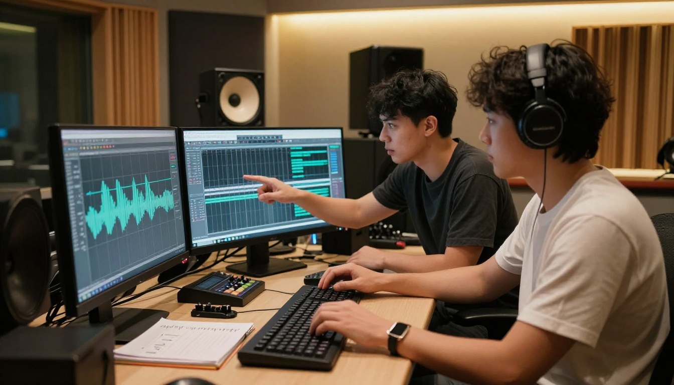 Two music producers collaborating at a dual-monitor workstation in a professional studio
