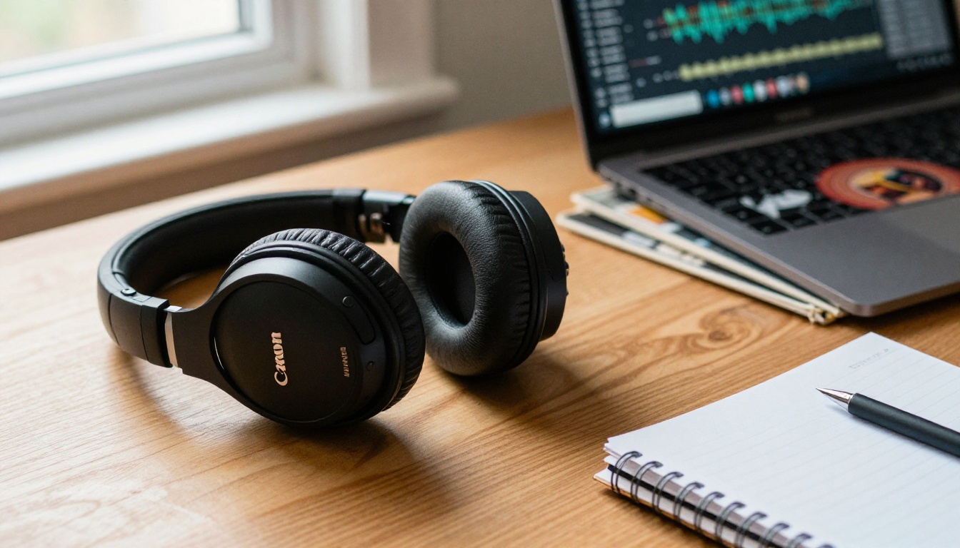 Studio headphones resting on oak desk beside vinyl records and a laptop showing waveform