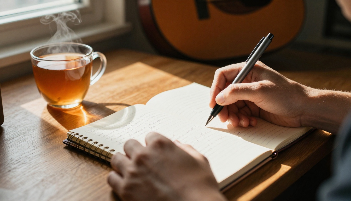 Songwriter writing lyrics by hand in a sunlit studio room with a guitar visible in background