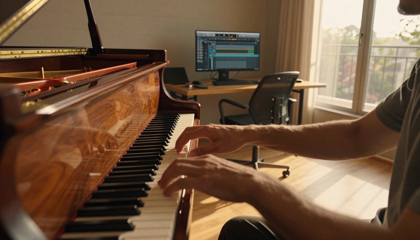 Pianist's hands playing a grand piano at golden hour in a sunlit home studio with DAW visible in background