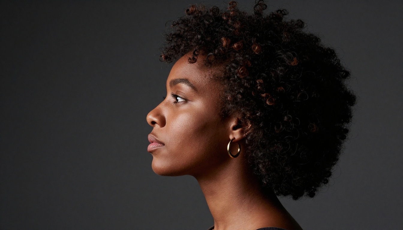 Side profile portrait showing perfect facial geometry, skin highlight, and natural hair definition