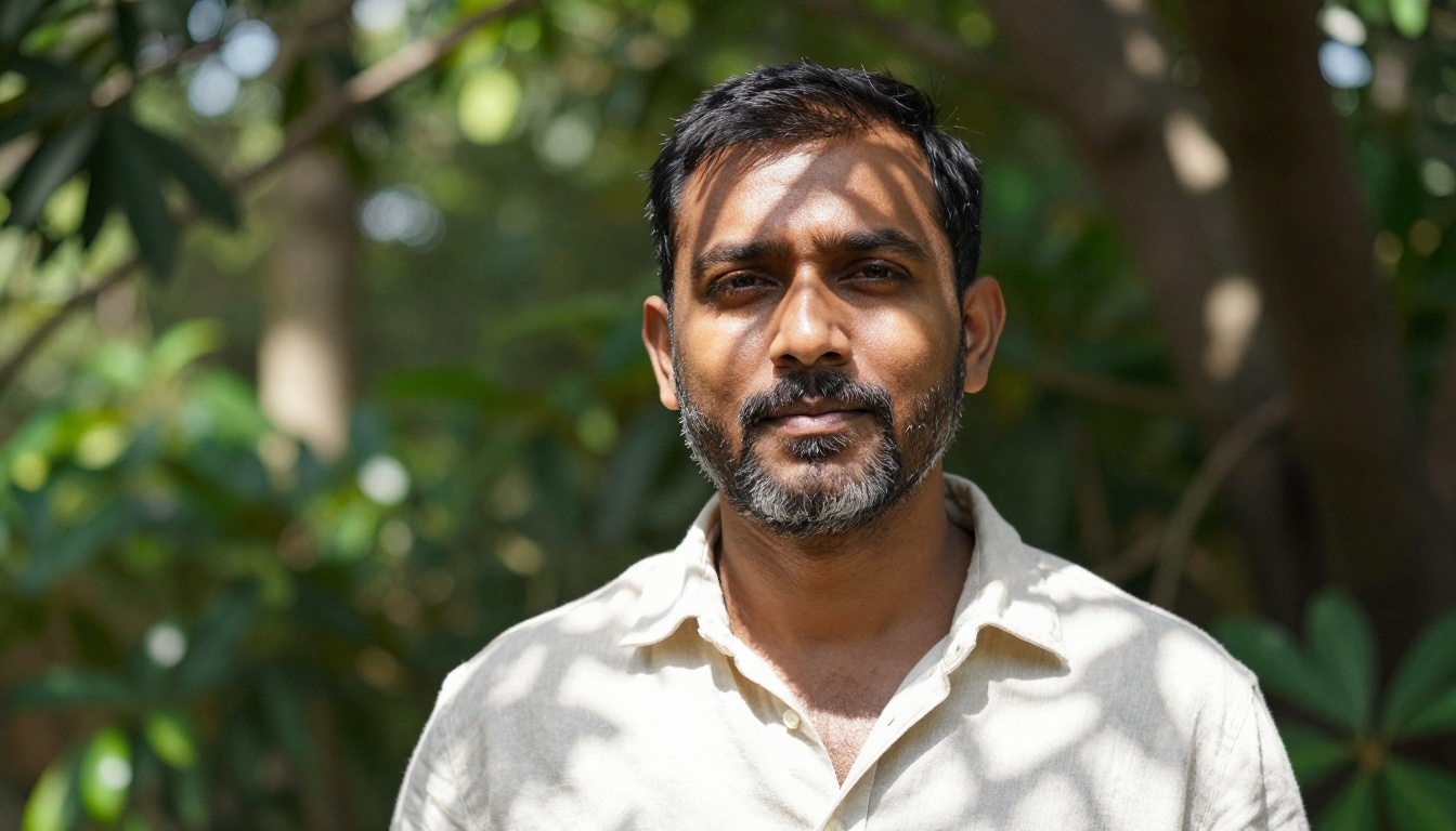 Environmental outdoor portrait showing natural dappled light, authentic skin tones, and precise eye detail
