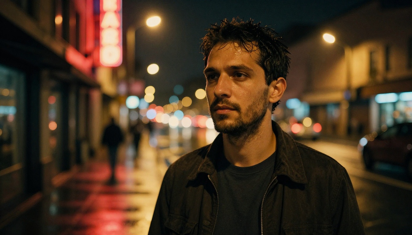 Night street portrait showing authentic high-ISO grain, selective ambient lighting, and environmental mood