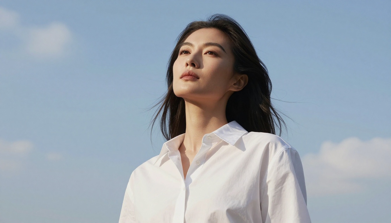 Low-angle editorial portrait against blue sky showing dynamic composition and sharp facial rendering