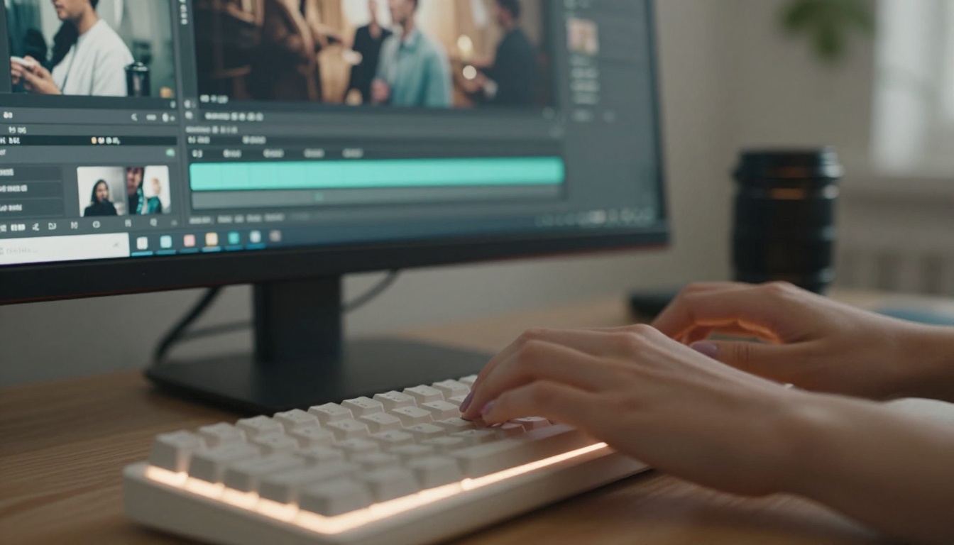 A content creator's hands typing on a keyboard while a 4K monitor displays AI-generated video thumbnails in the background A content creator's hands typing on a keyboard while a 4K monitor displays AI-generated video thumbnails in the background