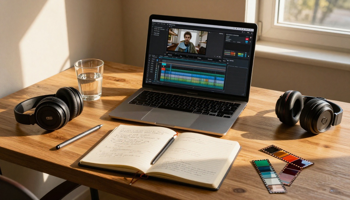 Aerial flat-lay of a creative professional's desk with MacBook, notebook, headphones, and film strips lit by golden hour light Aerial flat-lay of a creative professional's desk with MacBook, notebook, headphones, and film strips lit by golden hour light