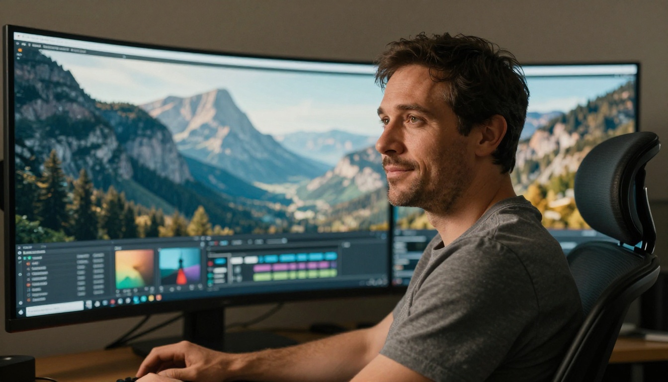 A male video editor sits before a large curved monitor displaying a cinematic mountain landscape generated by AI A male video editor sits before a large curved monitor displaying a cinematic mountain landscape generated by AI