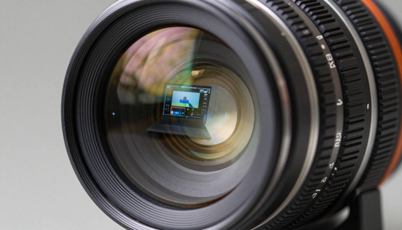 Extreme close-up of a professional cinema camera lens aperture blades reflecting a laptop screen with video generation software Extreme close-up of a professional cinema camera lens aperture blades reflecting a laptop screen with video generation software