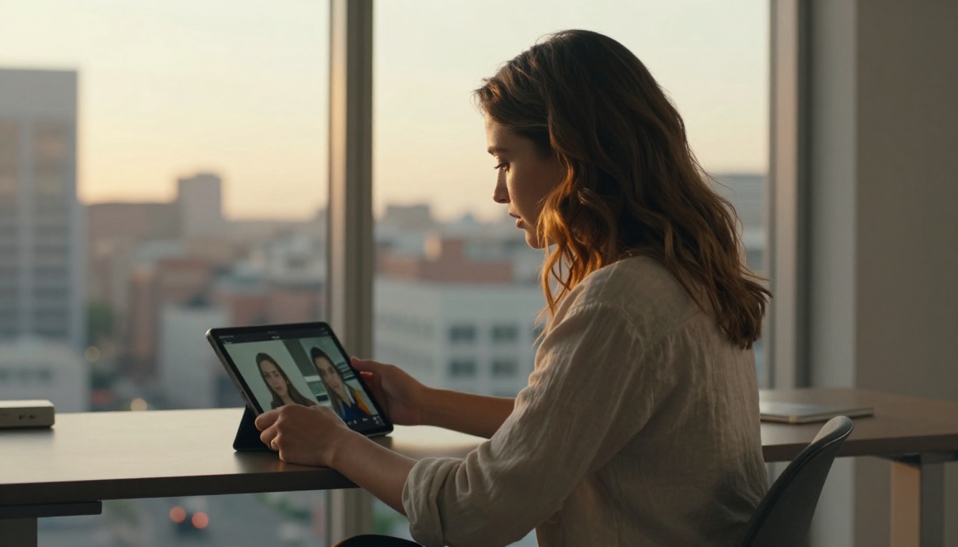 A woman holds a tablet showing two video comparison thumbnails, backlit by golden hour light through city-view windows A woman holds a tablet showing two video comparison thumbnails, backlit by golden hour light through city-view windows
