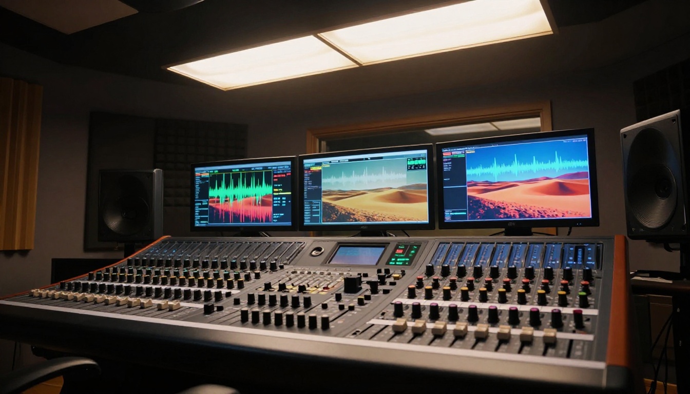 Professional studio mixing board and multiple screens displaying AI video waveforms with a cinematic desert landscape