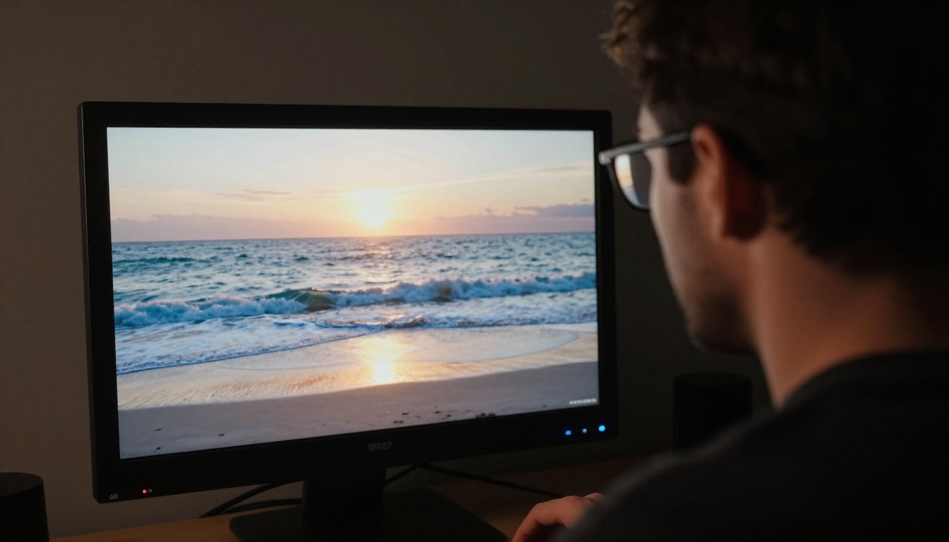 Over-the-shoulder shot of a creator reviewing beach sunset AI video footage on a monitor, slightly reflected in their glasses