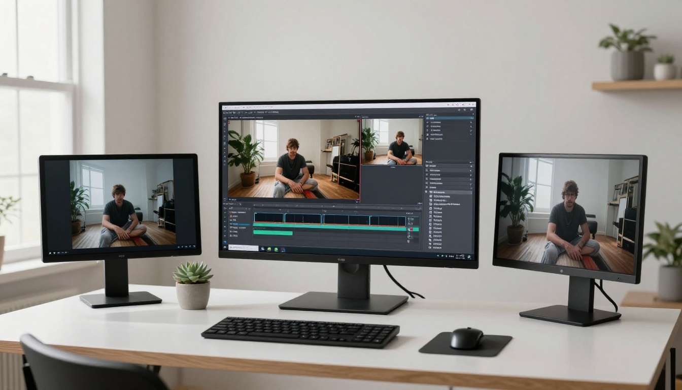 A modern three-monitor home studio setup displays a side-by-side AI video comparison on the central screen with a succulent plant on the desk corner