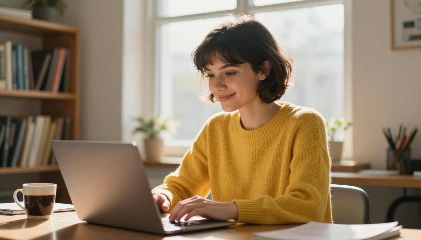 A confident young woman in a mustard yellow sweater smiling at her laptop, surrounded by warm morning light and bookshelves