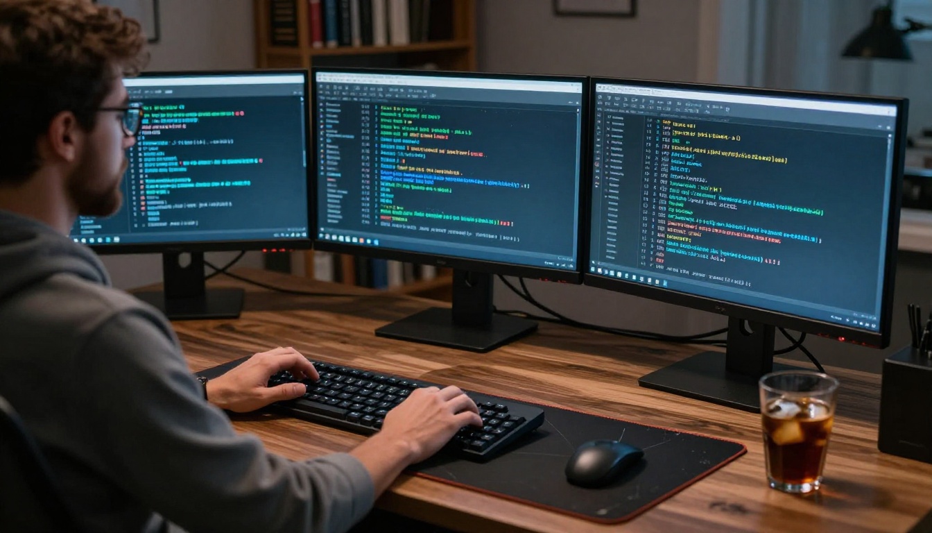 Developer analyzing AI benchmark results across multiple monitor setup