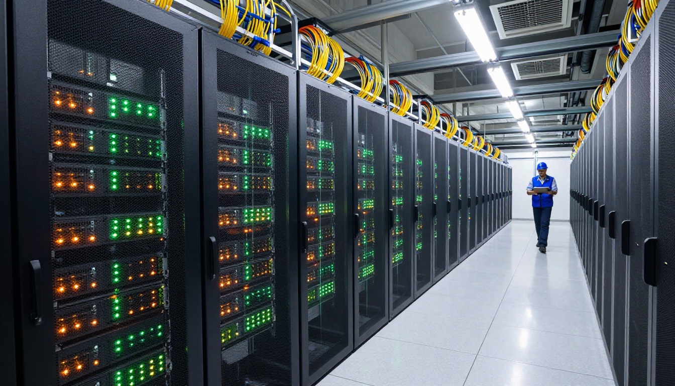 Enterprise data center rows with server racks extending to the horizon