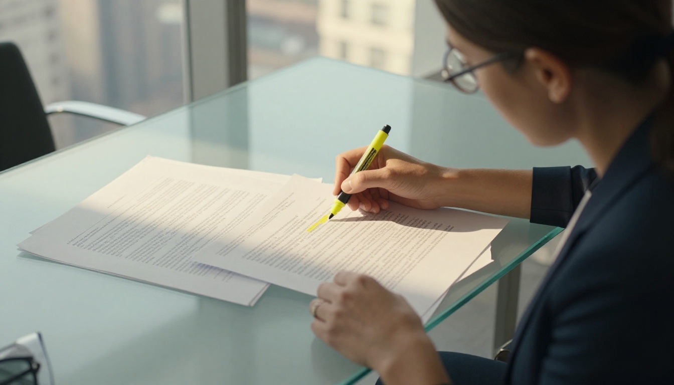 Professional woman reviewing a large printed legal document with a highlighter at her desk