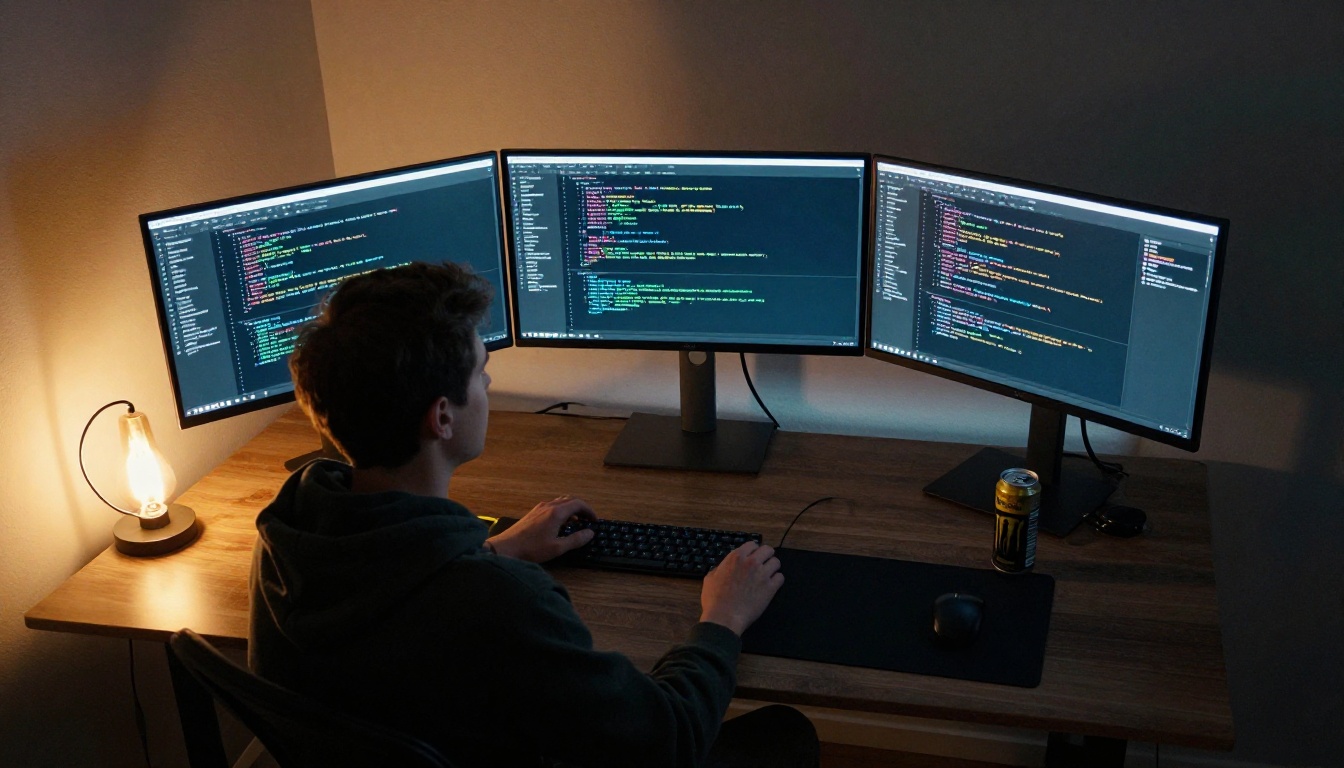 Software developer at a triple monitor setup displaying walls of syntax-highlighted code