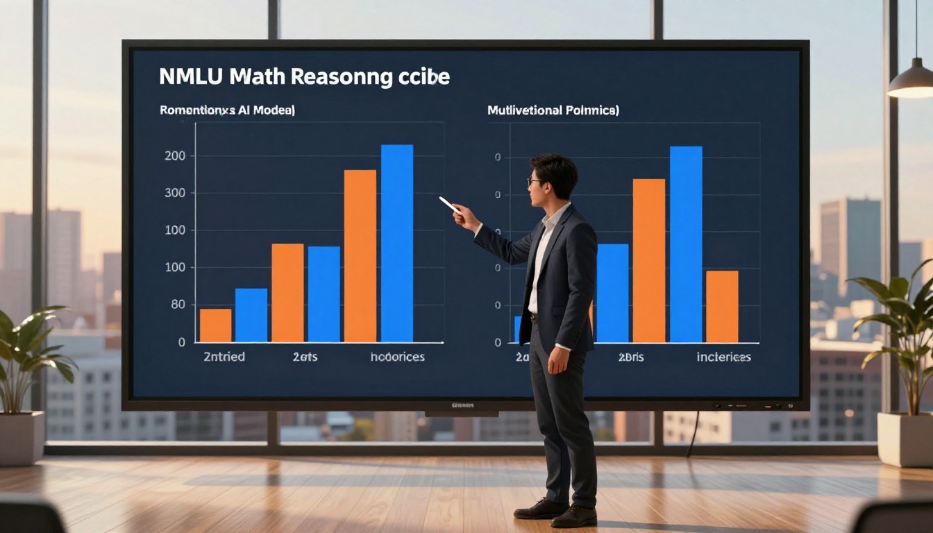 Research scientist presenting split-screen benchmark comparison chart