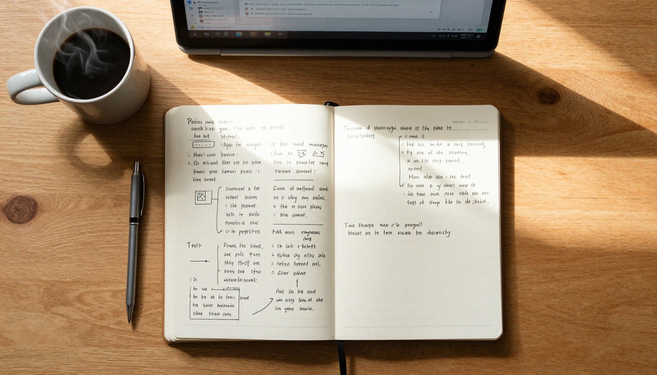 Handwritten planning notes beside a laptop with long text content