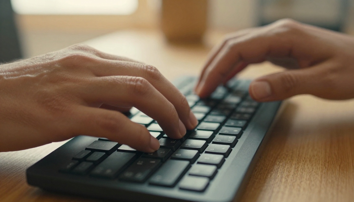 Focused hands typing rapidly on a mechanical keyboard with warm backlit ambiance