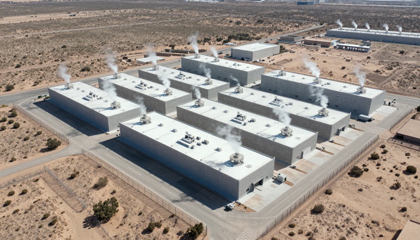 Aerial view of hyperscale data center campus in desert landscape