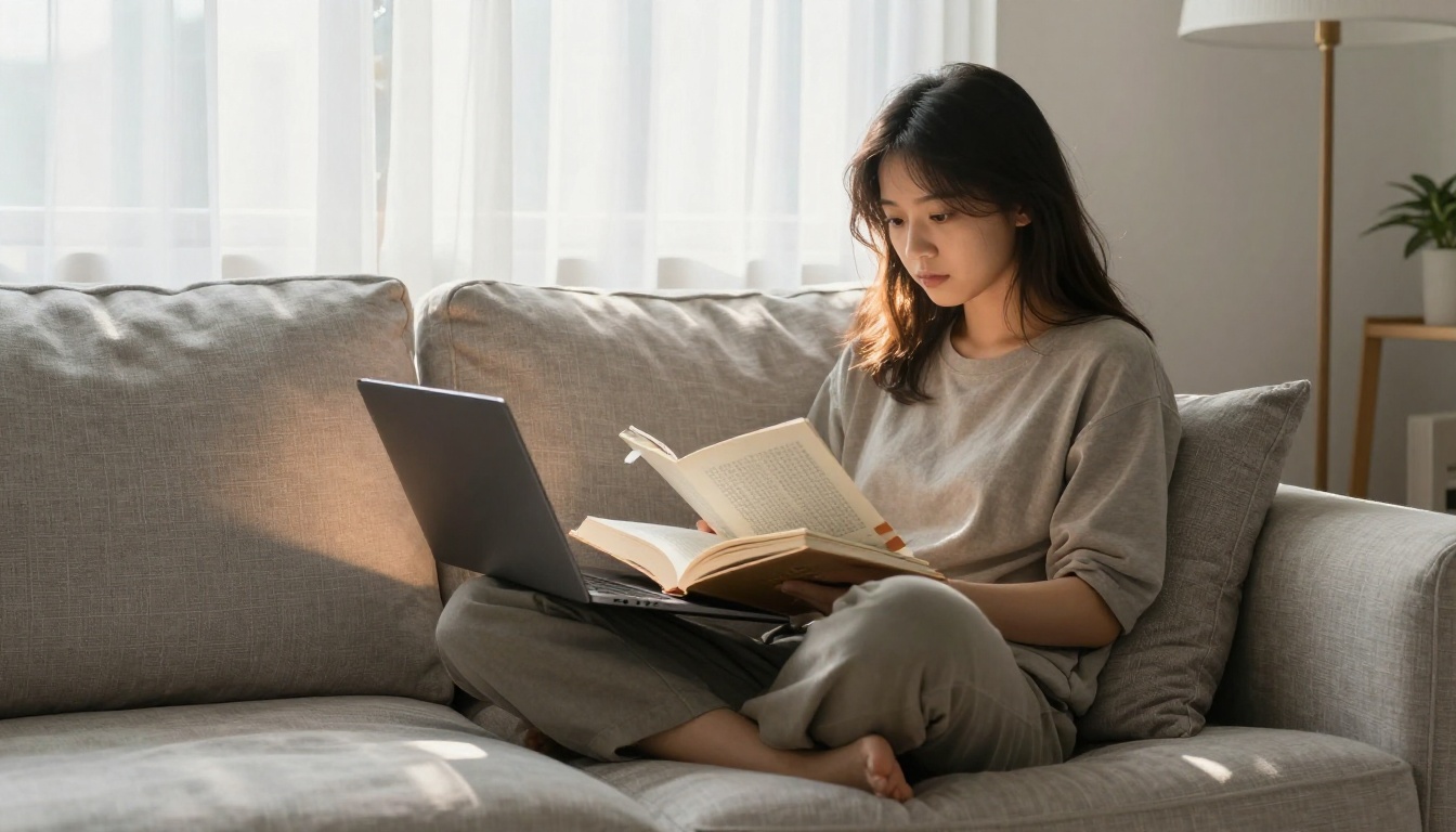 Person reading a thick hardcover book while a laptop sits open beside them on a linen sofa in afternoon light