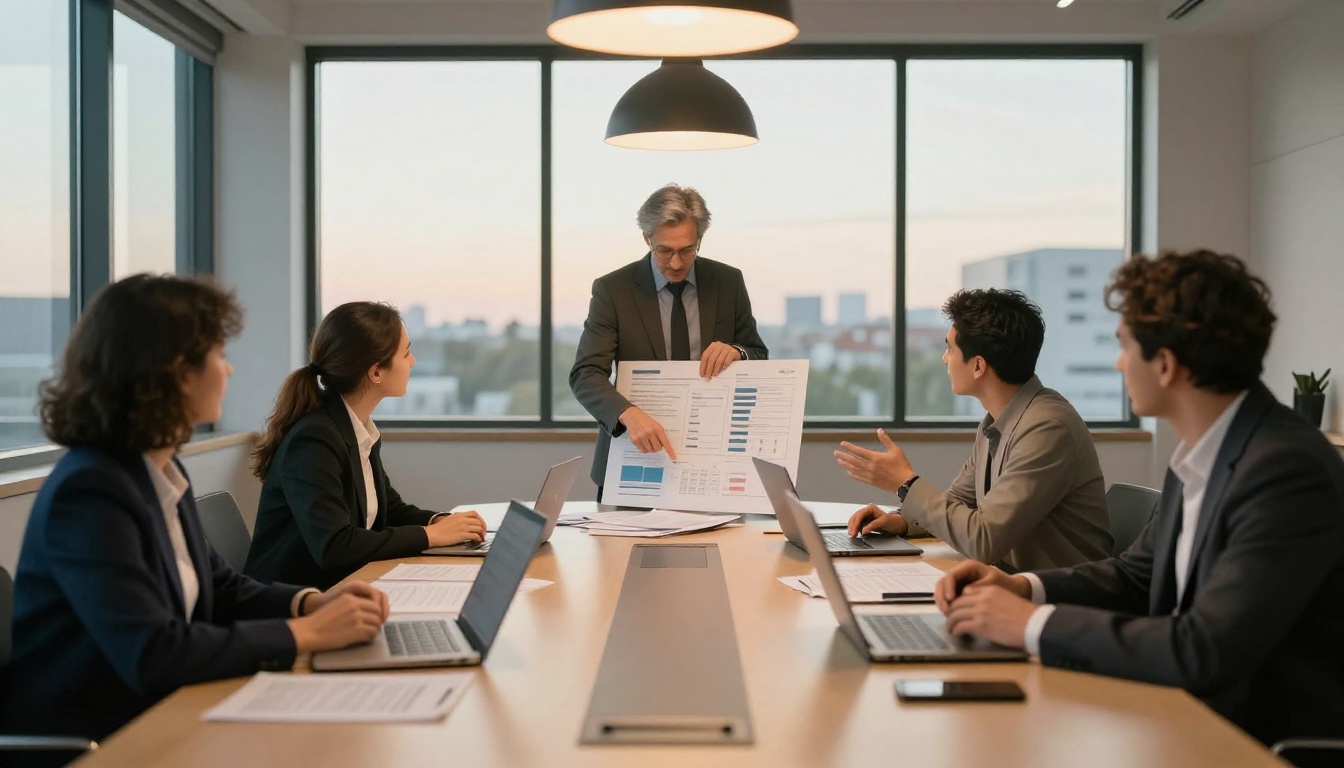 Three professionals around a conference table covered in reports in deep collaborative discussion