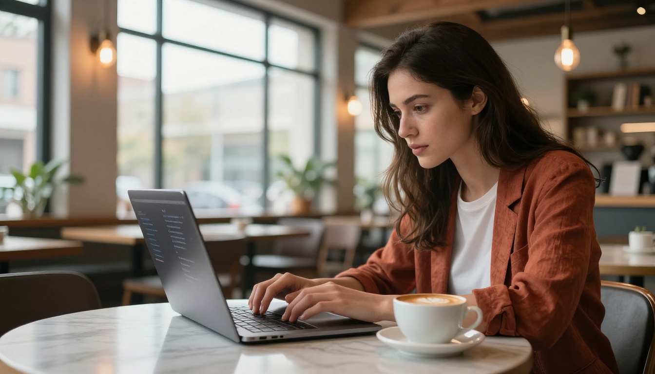 Professional woman using AI chat interface on laptop in modern cafe