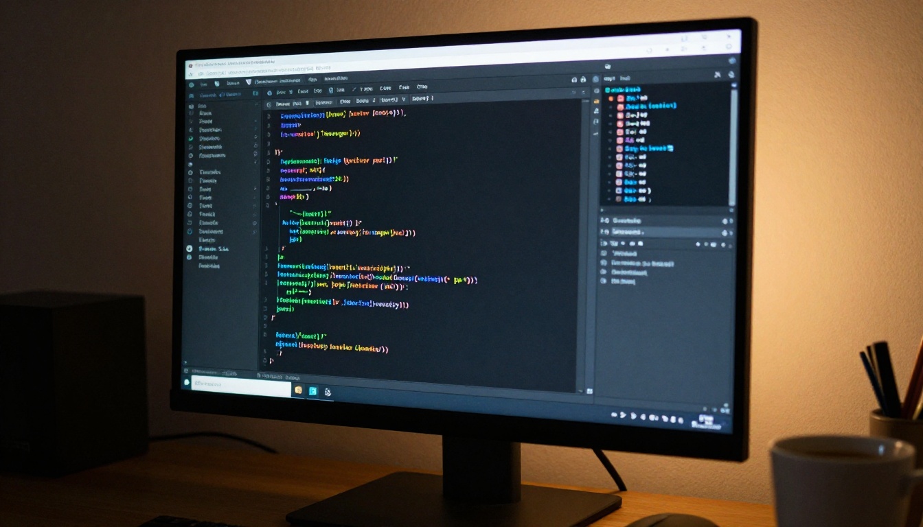 Dark-theme code editor on a 32-inch monitor displaying hundreds of lines of Python with syntax highlighting