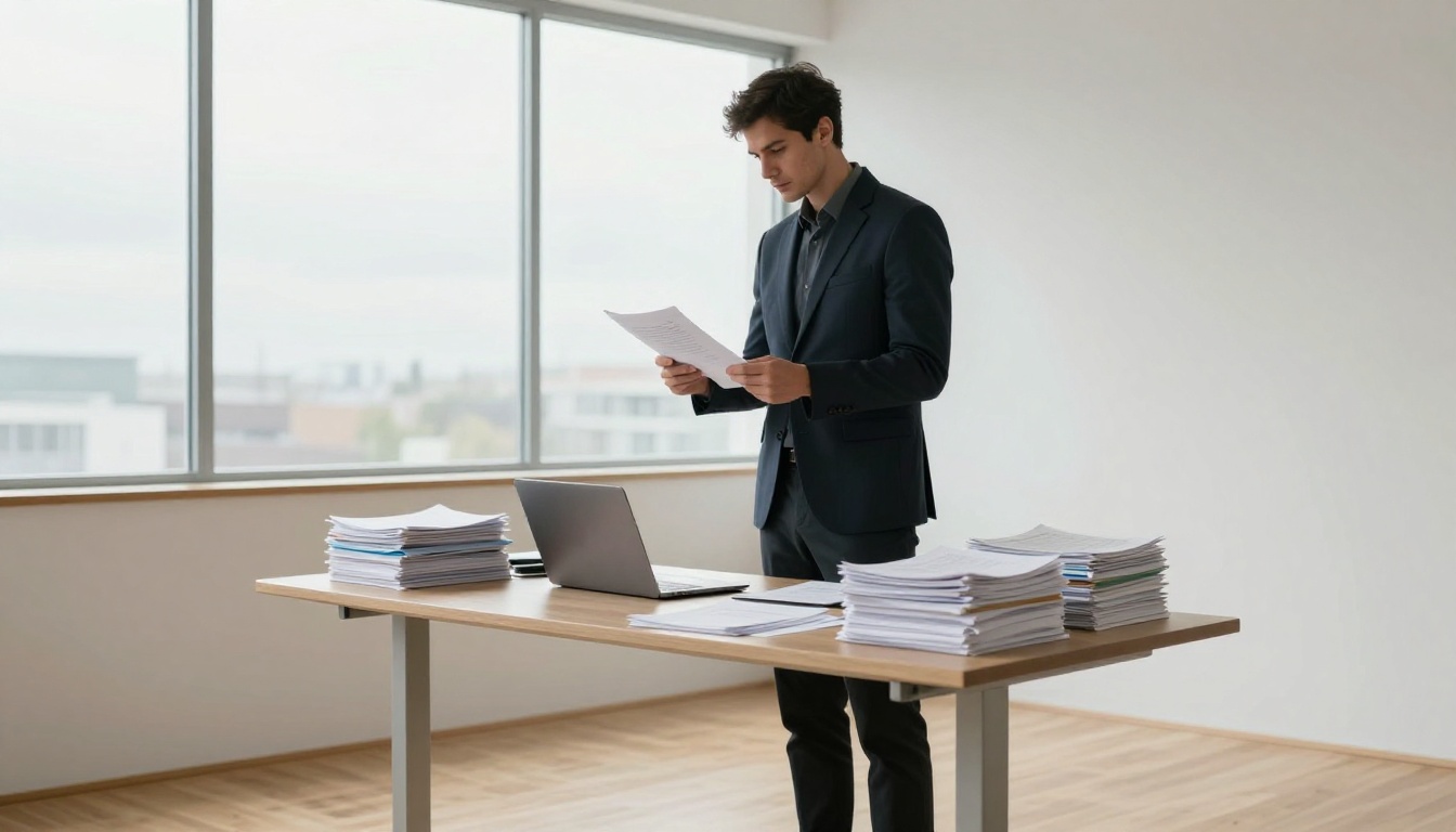Professional man at a standing desk reviewing bound reports in a modern minimalist office