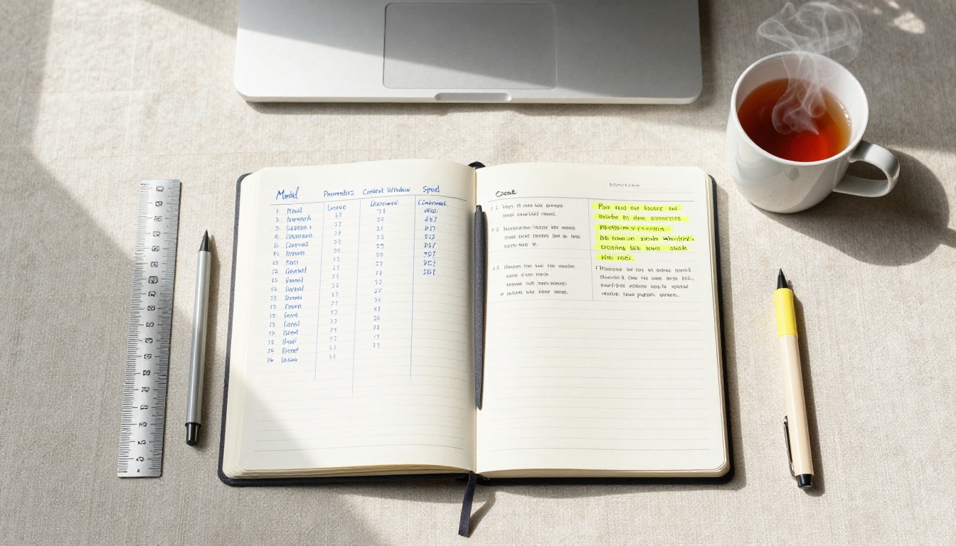 Flat lay notebook with handwritten open-source AI model comparison table