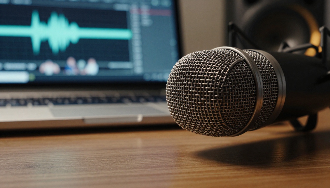 Close-up of condenser microphone on studio desk with audio waveform on screen
