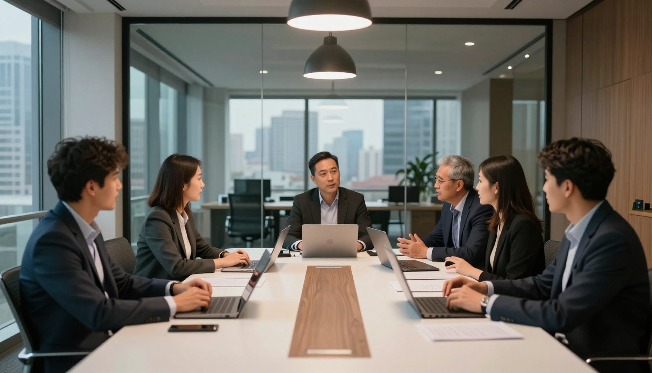 Modern corporate meeting room with professionals in active discussion