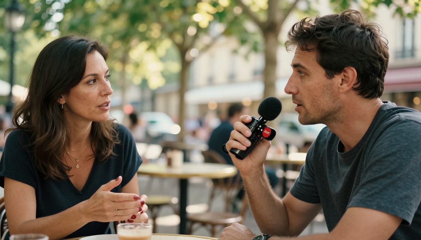 Female journalist interviewing male subject at outdoor cafe in golden afternoon light