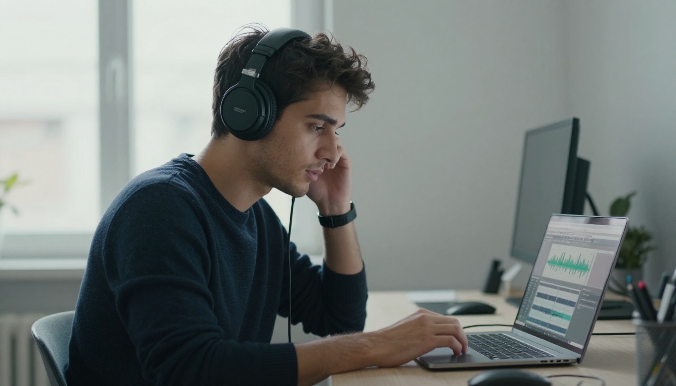 Young professional man wearing headphones reviewing audio playback on laptop
