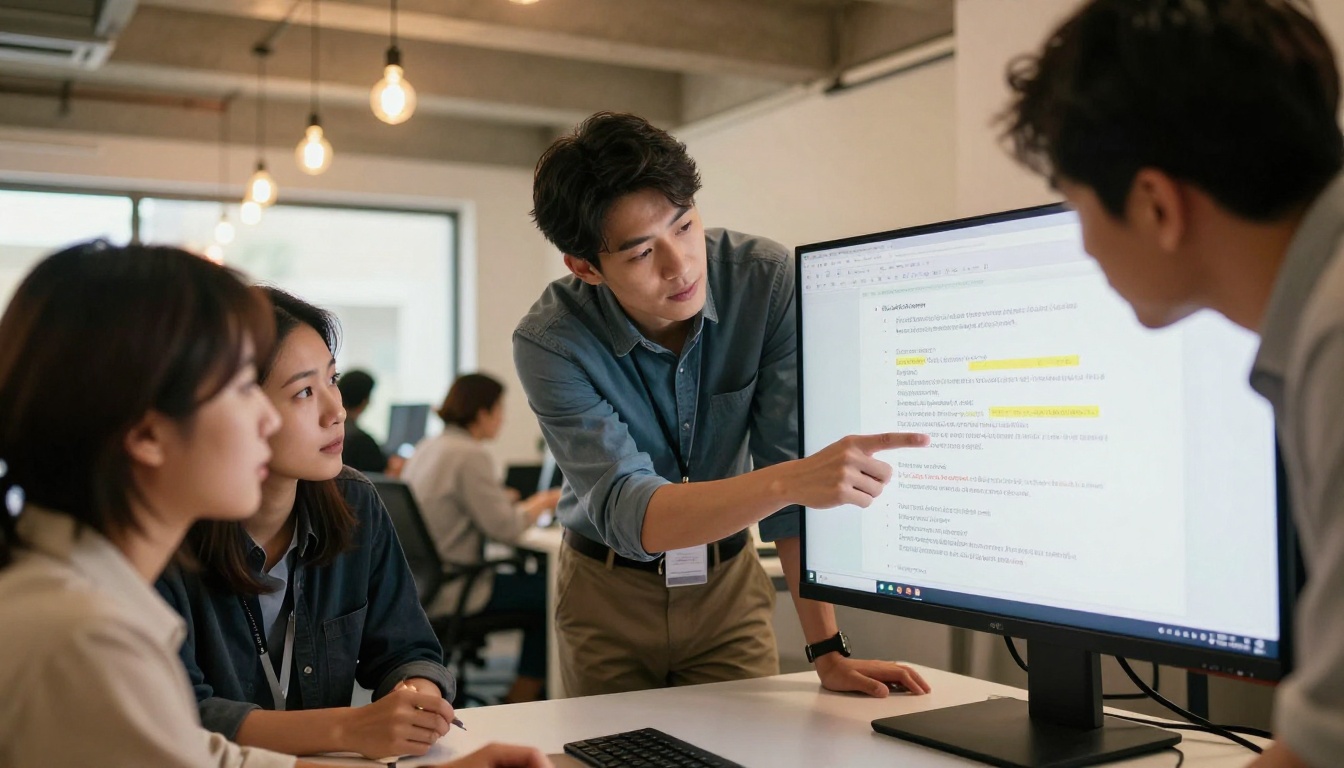 Three-person sales team reviewing highlighted call transcript on large monitor