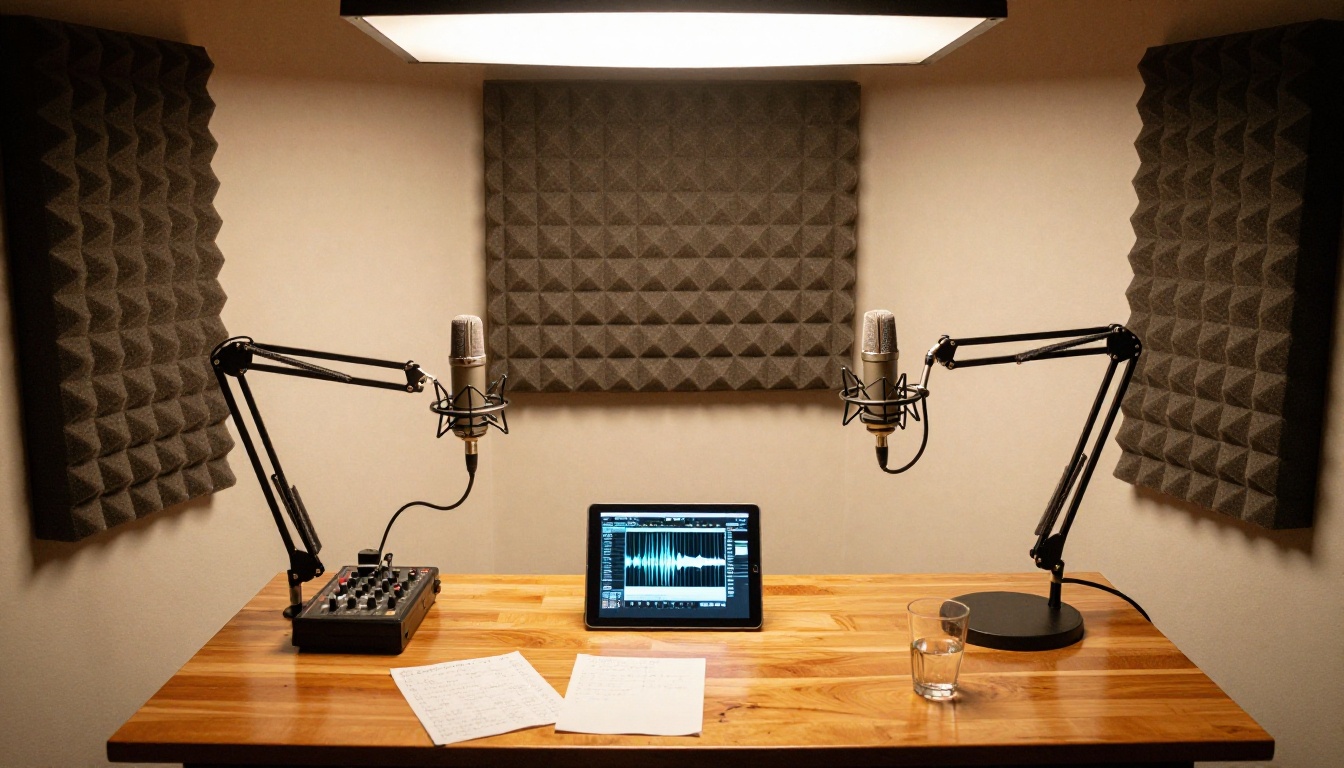 Professional podcast recording desk with dual microphones and audio mixer