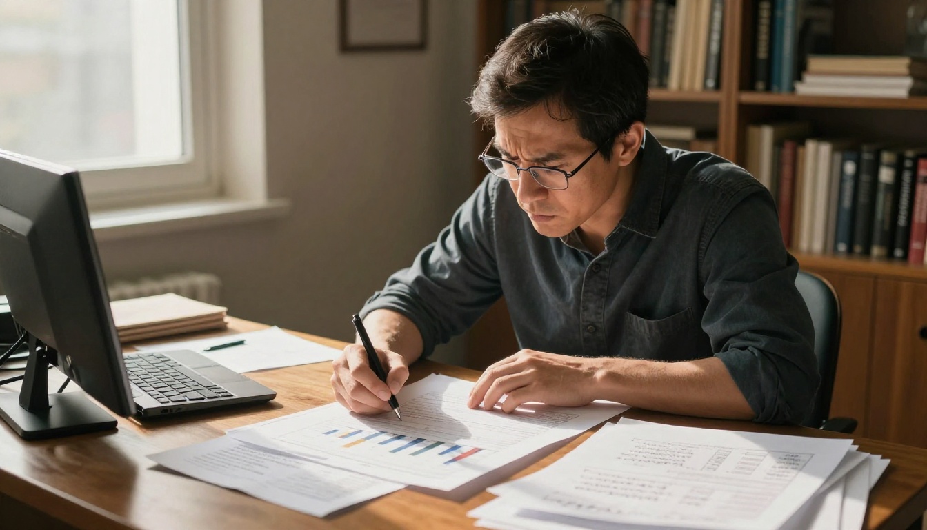 Researcher analyzing benchmark results at a desk covered in printed charts