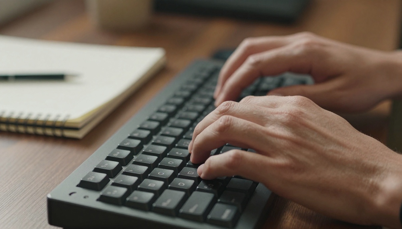 Close-up of hands typing rapidly on mechanical keyboard with notebook nearby