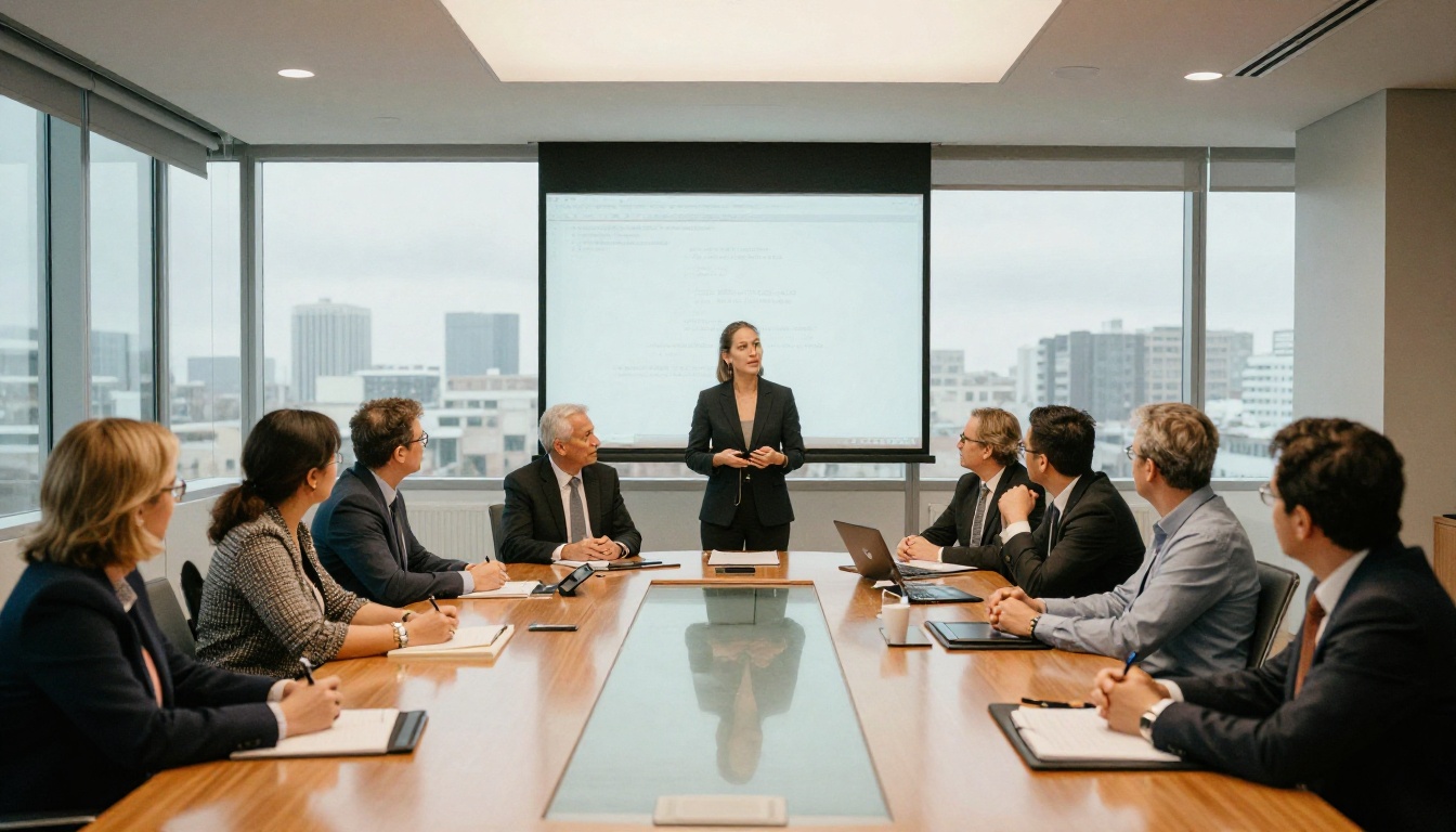 Wide boardroom shot with eight professionals in active group meeting