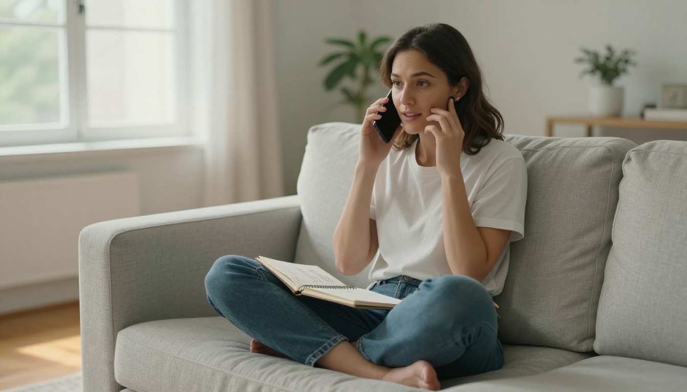 Woman sitting cross-legged on sofa on phone call taking handwritten notes