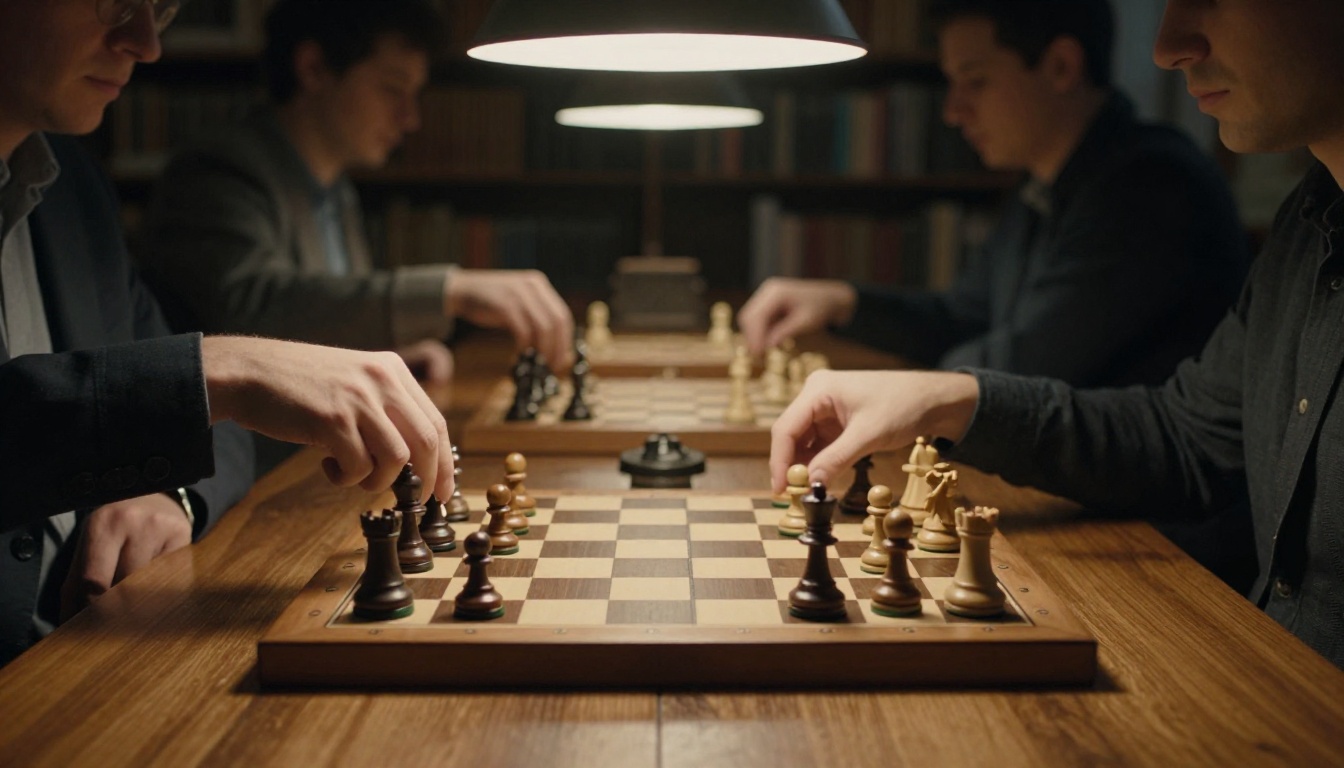 Two chess players mid-game at a library table, chessboard in sharp foreground